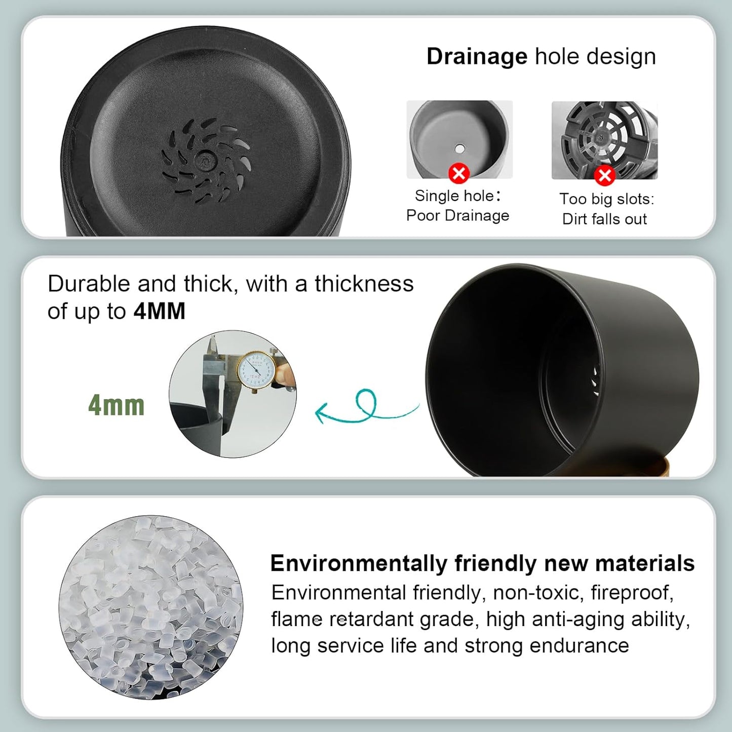 3 Pack 6/5/4 inch Cylindrical Flower Pots, Modern Small Round Plastic Plant Pots with Drainage Holes & Saucers, Clean and Refined Planter Pots for Outdoor, Indoor & Office Decor (Black Brown)