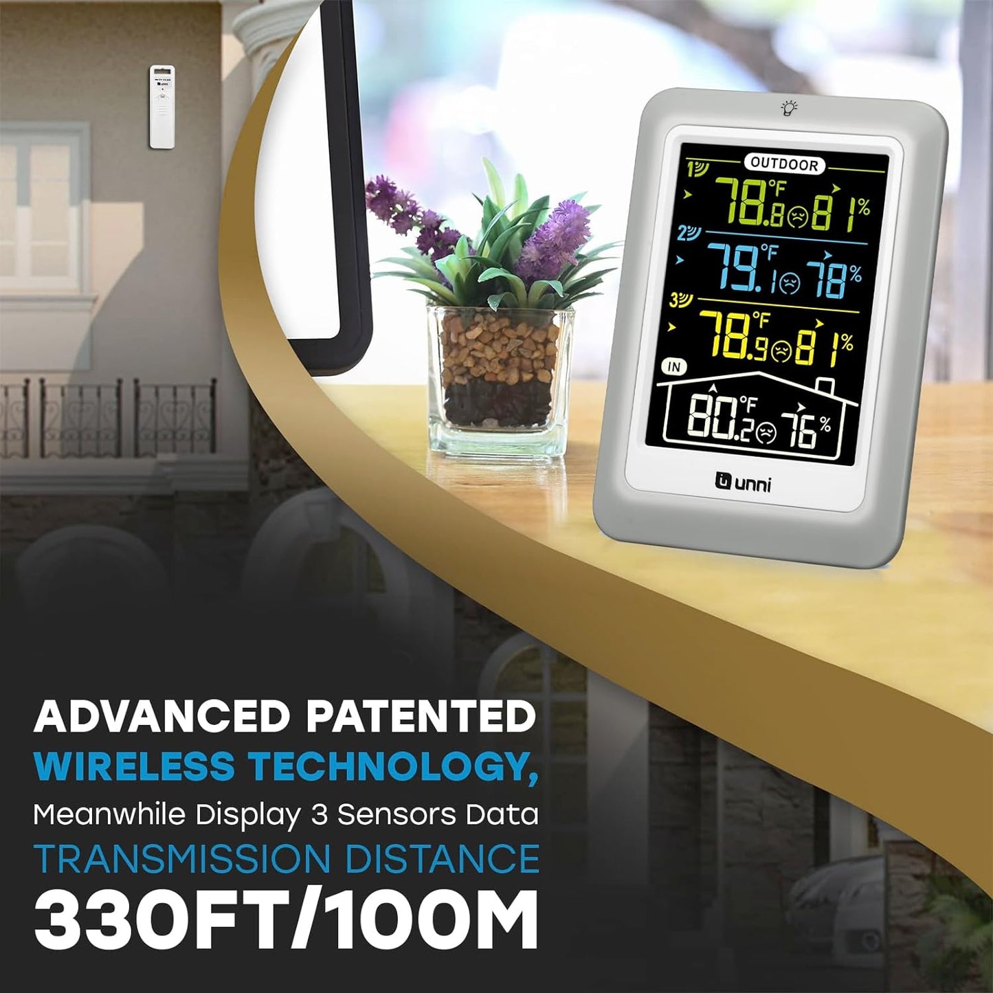 Indoor Outdoor Thermometer Wireless, 4.5 Inch Display Digital Hygrometer Thermometer Temperature Humidity Monitor with 330ft Range Sensor and Adjustable Backlight (Multi)