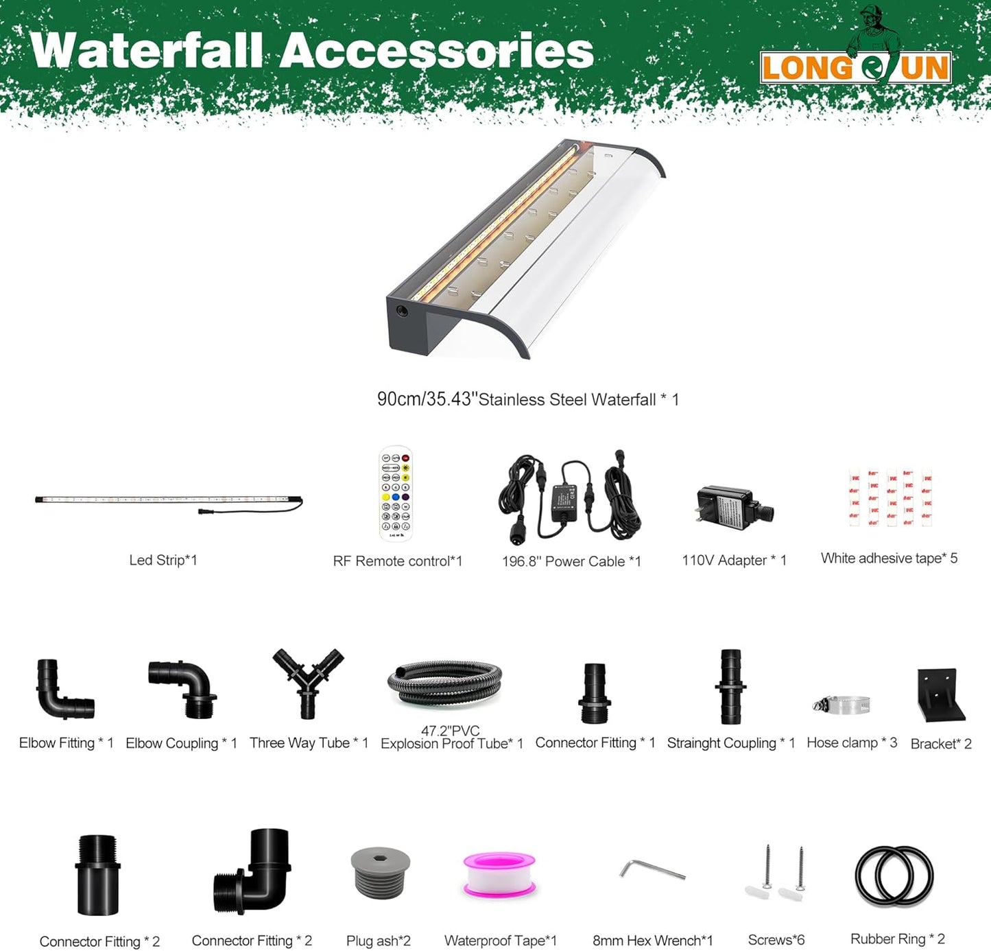 Pool Fountain, LONGRUN Waterfall Spillway for Koi Ponds - 35.4" Transparent Acrylic Waterfall for Swimming Pool, Garden Pond, Patios, Spa Decoration