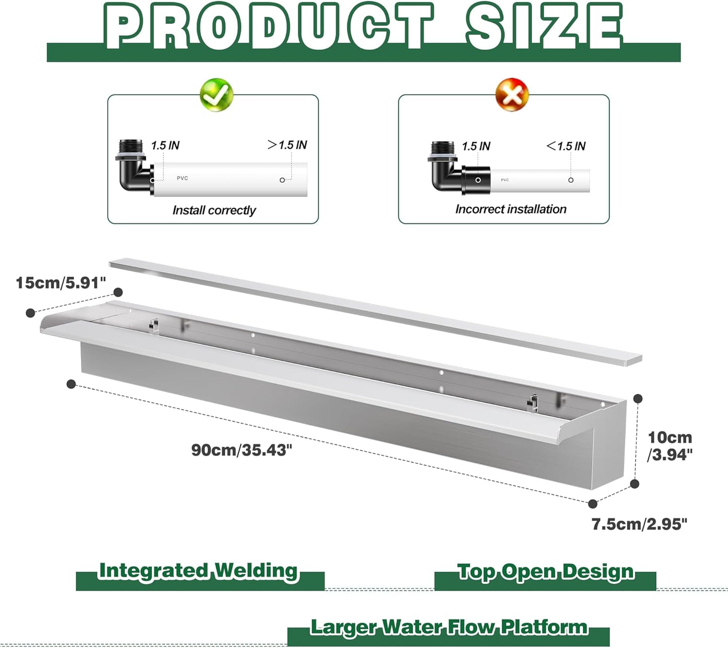 Waterfall Pool Fountain LONGRUNNEW 304 Stainless Steel 35.4" Rectangular Waterfall Spillway, Water Fall Fountain with Pipe Connector for Garden Outdoor, Swimming Pools, Fountains, Pond and Spa