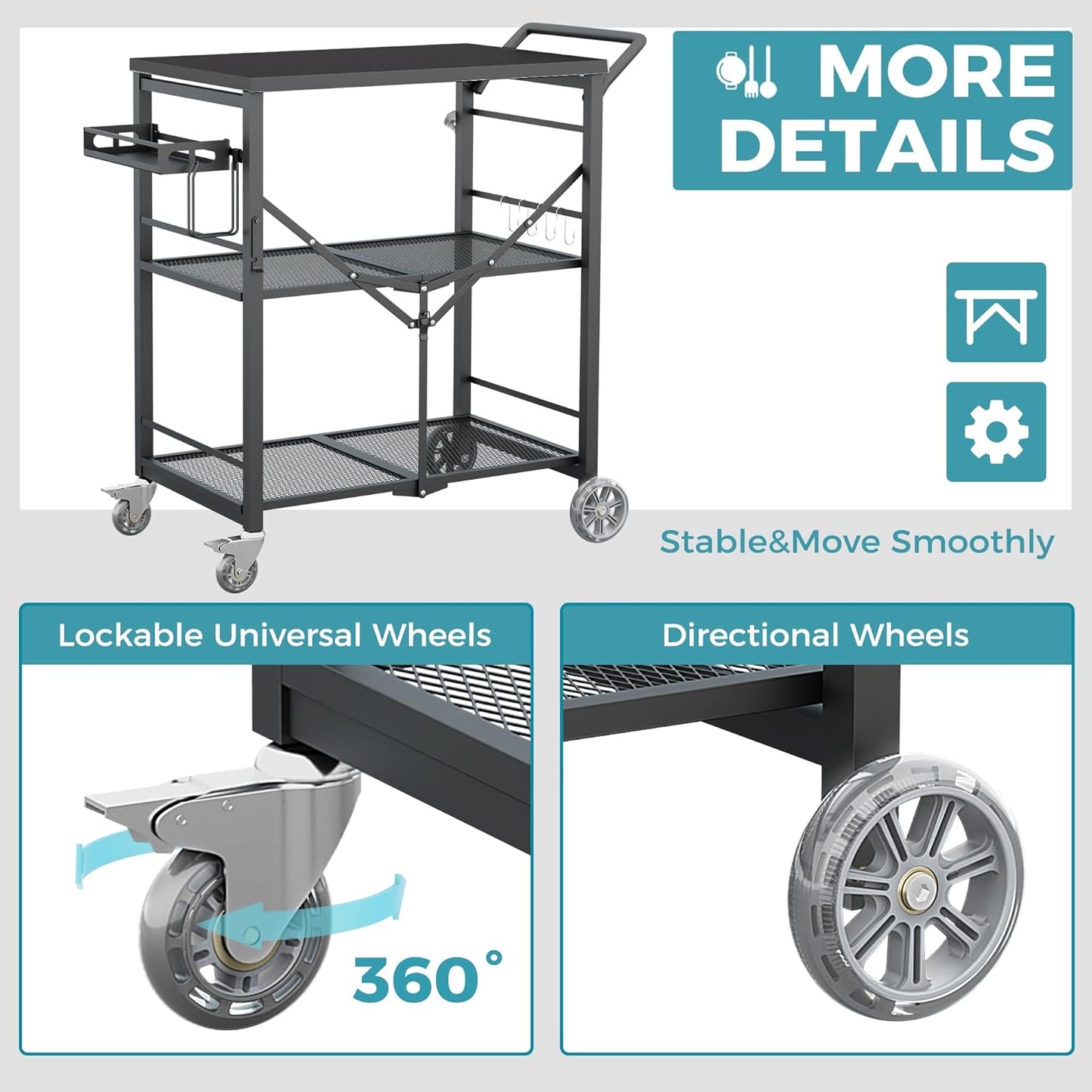 Ciokea Folding Outdoor Grill Cart with Wheels, 3-Shelf Grill Table with 27x18 in Table Top, Rolling Pizza Oven Stand, Metal Portable Cart for BBQ Patio Camping (All Black)