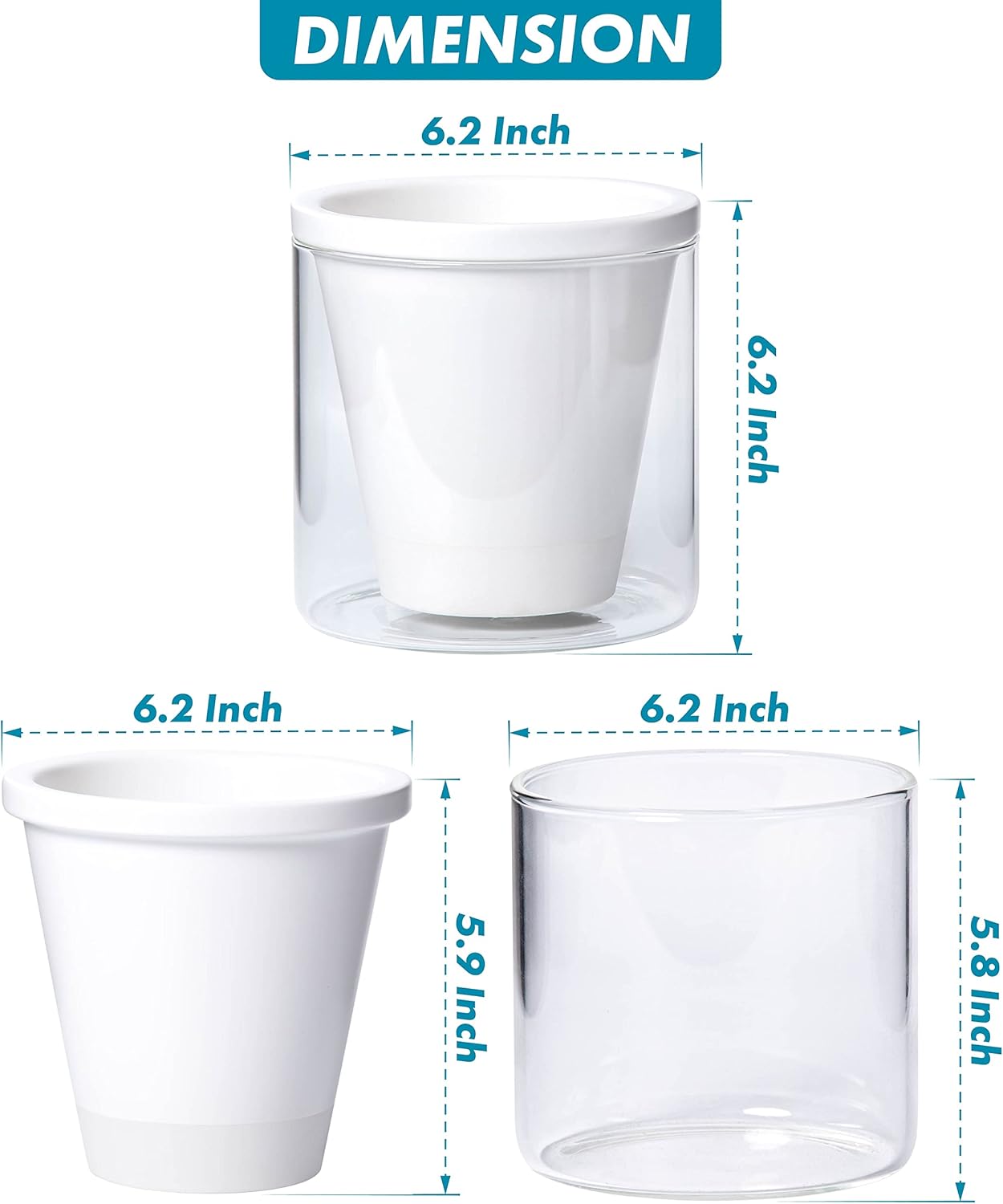 D'vine Dev 6 Inch Design Self Watering Planter for Indoor Plants, White Terracotta Pots with Cylinder Glass Cup, Set of 2, 37-Y-B-2