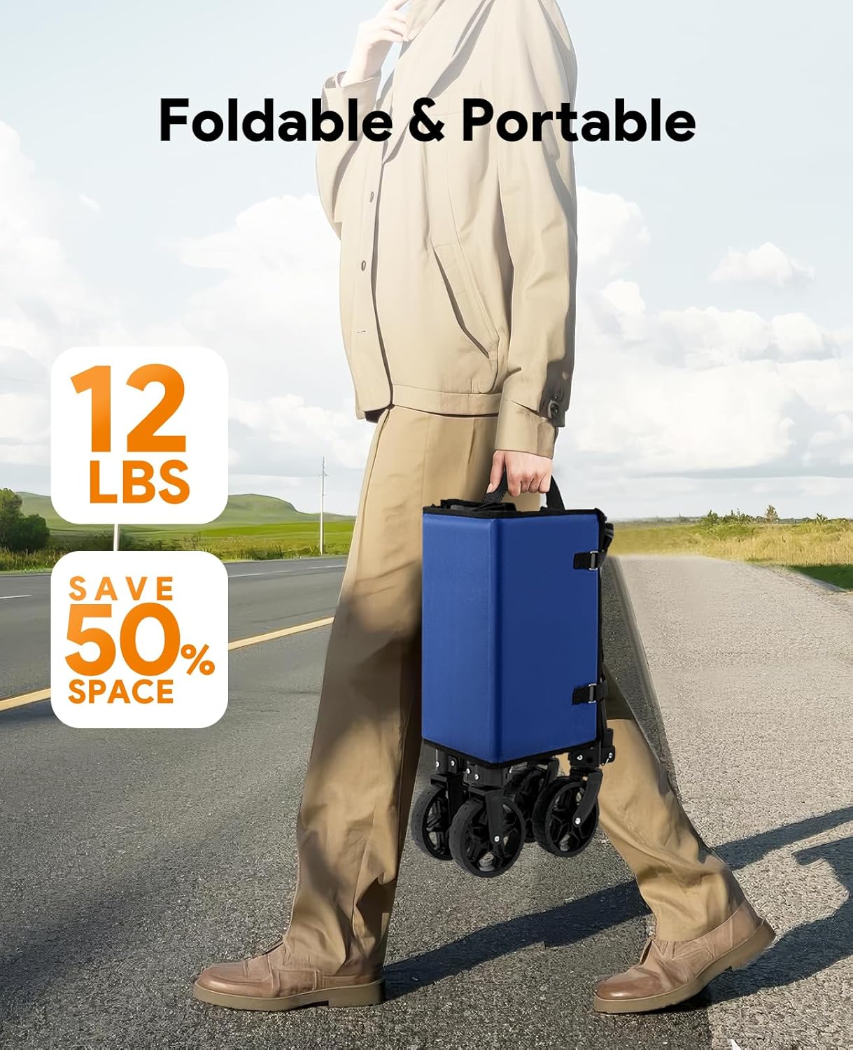 Collapsible Wagon Cart with Wheels 220lbs Foldable Wagon 120L Shopping Cart for Groceries Folding Utility Wagon for Beach, Garden, Camping, Sport, Wheelbarrows, Indigo