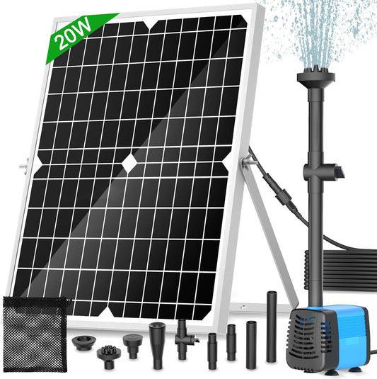 20W Solar Fountain Pump, 350GPH Solar Powered Water Pump with Adjustable Flow, 4 Sprayers, 16.5Ft Cable, Filter Bag for Outdoor Pond Fountains, Garden Water Features