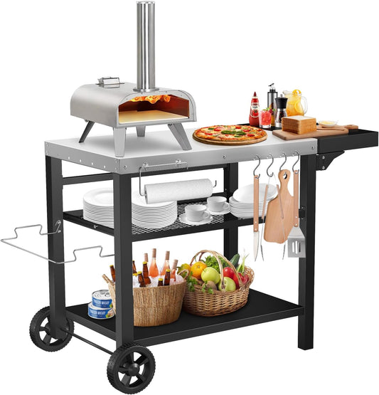 Grill Cart, Outdoor Grill Table, Pizza Oven Stand, Three-Shelf BBQ Table, Movable Dining Cart with Drawer, Fits for Ninja Woodfire Grill, Blackstone Griddle,Tabletop Grill