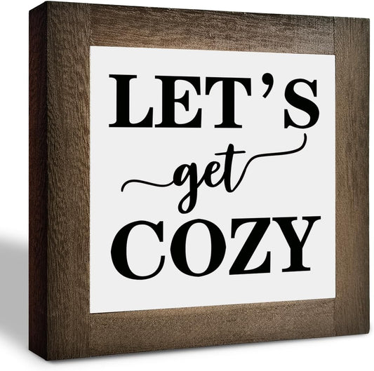 Inspirational Wood Signs, Box Wood Plaques Desk Décor, Farmhouse Home Decor Sign for Shelf, Family Table Decor for Kitchen Bedroom Dining Room, Living Room Decor, Housewarming Gift, Let's Get Cozy E