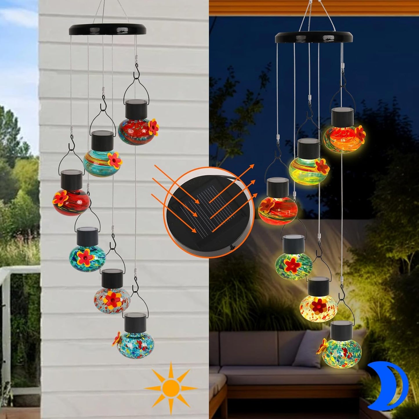 ‌Solar-Powered Hummingbird Feeder with Wind Chime Elegance – 6 Leak-Proof Glass Ports, Frosted Design & Multicolor Night Lights – Perfect Outdoor Gift for Nature Enthusiasts