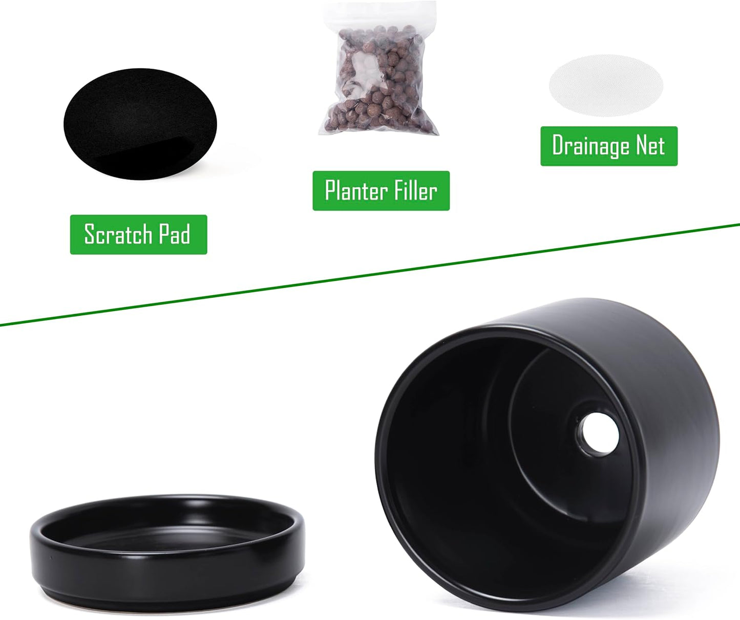 D'vine Dev Set of 4 Small Ceramic Plant Pots, 3.5 Inch Succulent Planter Pot for Plants with Drainage Hole and Saucer, Black, 94-X-A-2