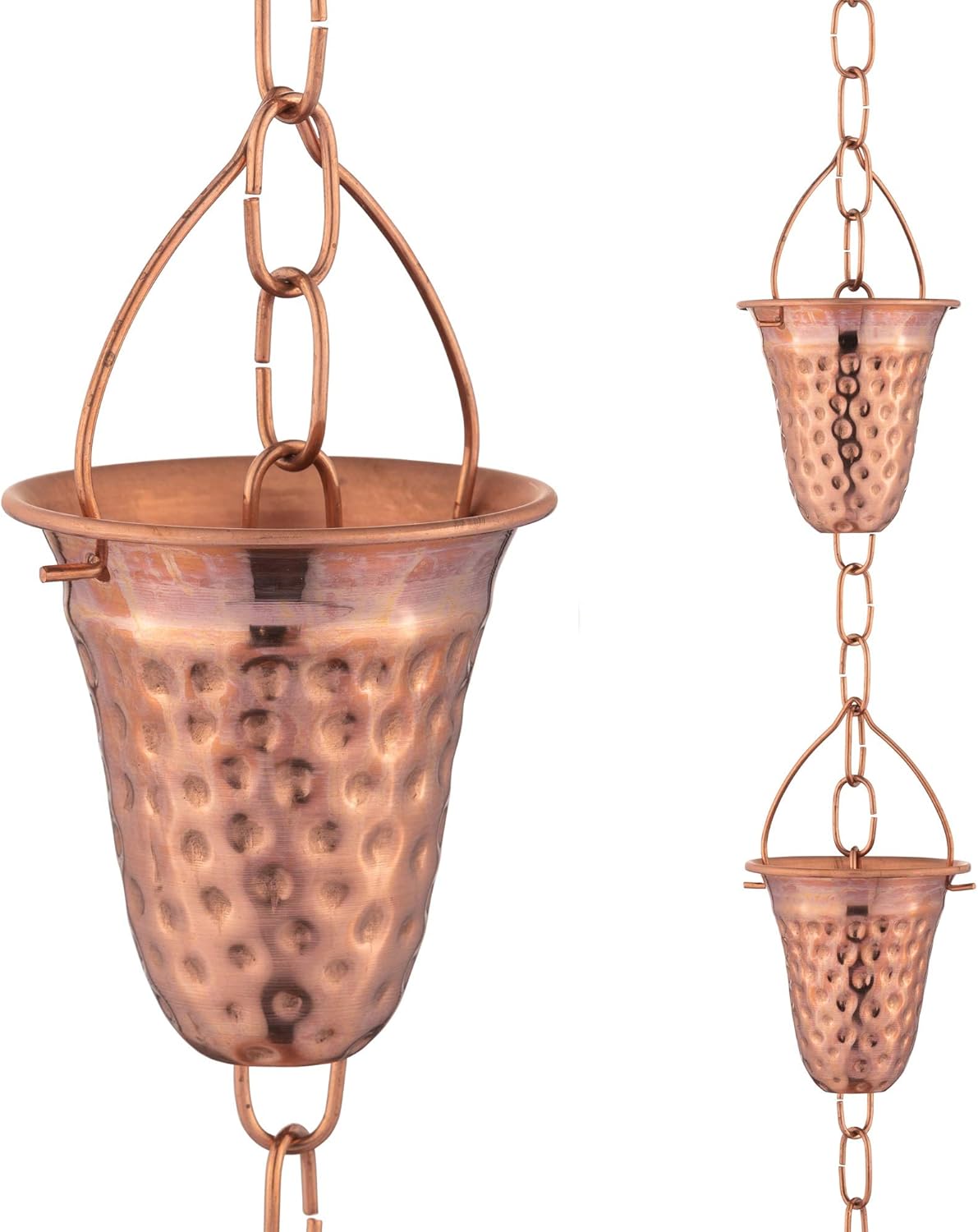 Copper Hammered Rain Chain – Decorative Chimes & Cups Replace Gutter Downspout & Divert Water Away from Home for Stunning Fountain Display – 3’ Long for Universal Fit – Bell Style