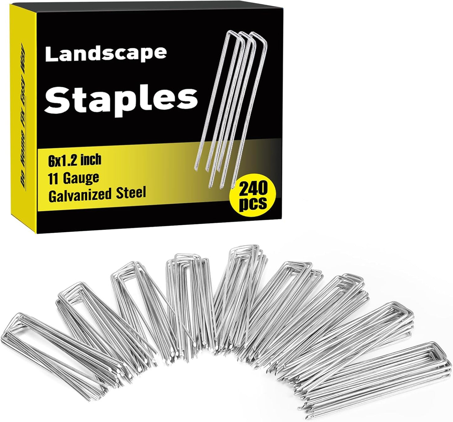 HongWay 240 Pack 6 Inch Landscape Staples, Garden Staples Galvanized Landscaping Fabric SOD Pins Heavy Duty 11 Gauge Yard Ground Stakes for Gardening Plant Cover, Turf, Lawn, Fence, Tent