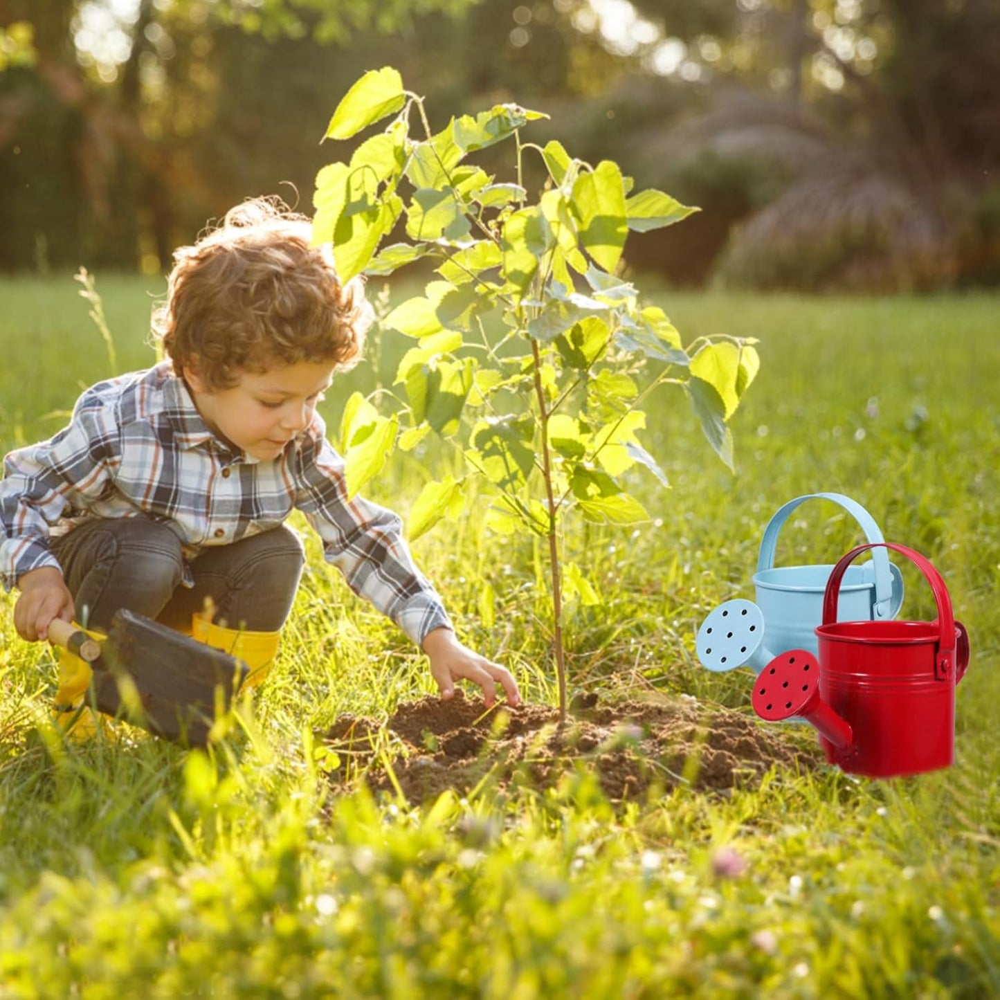 2pcs Kids Metal Watering Can for Indoor Plants, Durable Iron Sprinkling Kettle, Portable Small Water Can for Garden Home Plants, Red and Light Blue, 6.69 x 2.75 x 2.75 Inch