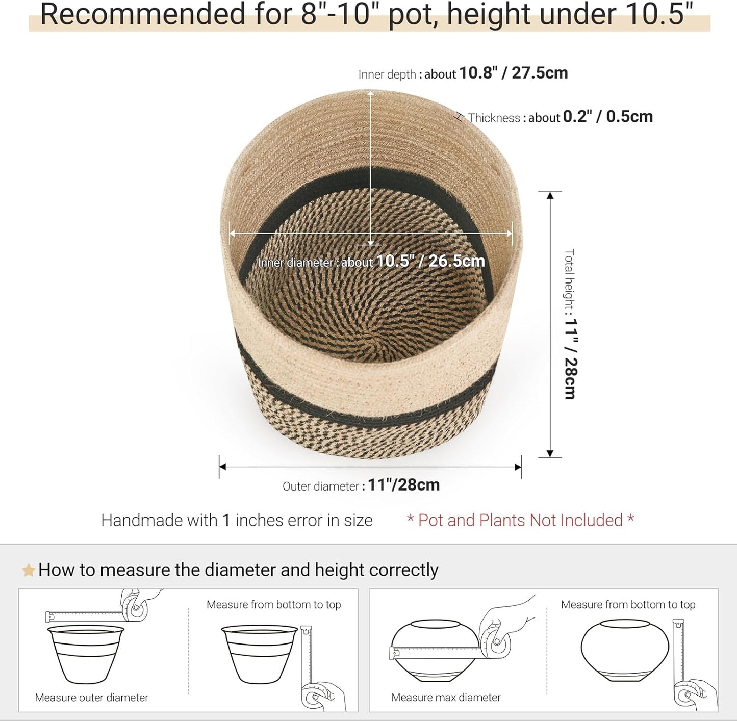 Dahey Jute Rope Plant Basket Modern Woven Storage Basket for 10.5" Indoor Planter, Decorative Flower Pots Cover Laundry Bin with Handle Rustic Home Decor, Black