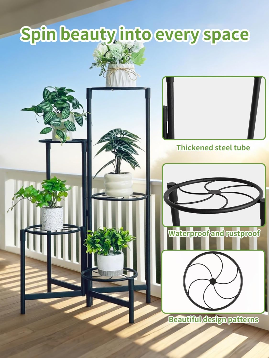 Corner Plant Stand Indoor Outdoor Tall Metal Flower Pot Stands for Multiple Plants 5 Tier Heavy Duty Plant Shelf for Patio Garden Balcony Living Room Bedroom Black Kite
