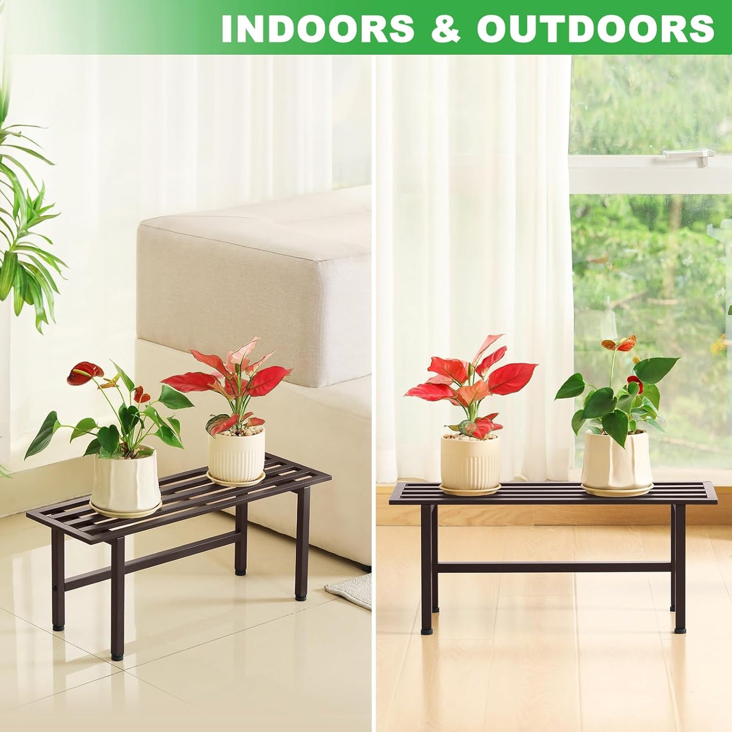 2 Pack Metal Plant Stand Outdoor Plant Shelf Indoor,1 Tier Heavy Duty Plant Stands for Multiple Plants,26" L x 10.12" H x 8.75" W,Coffee