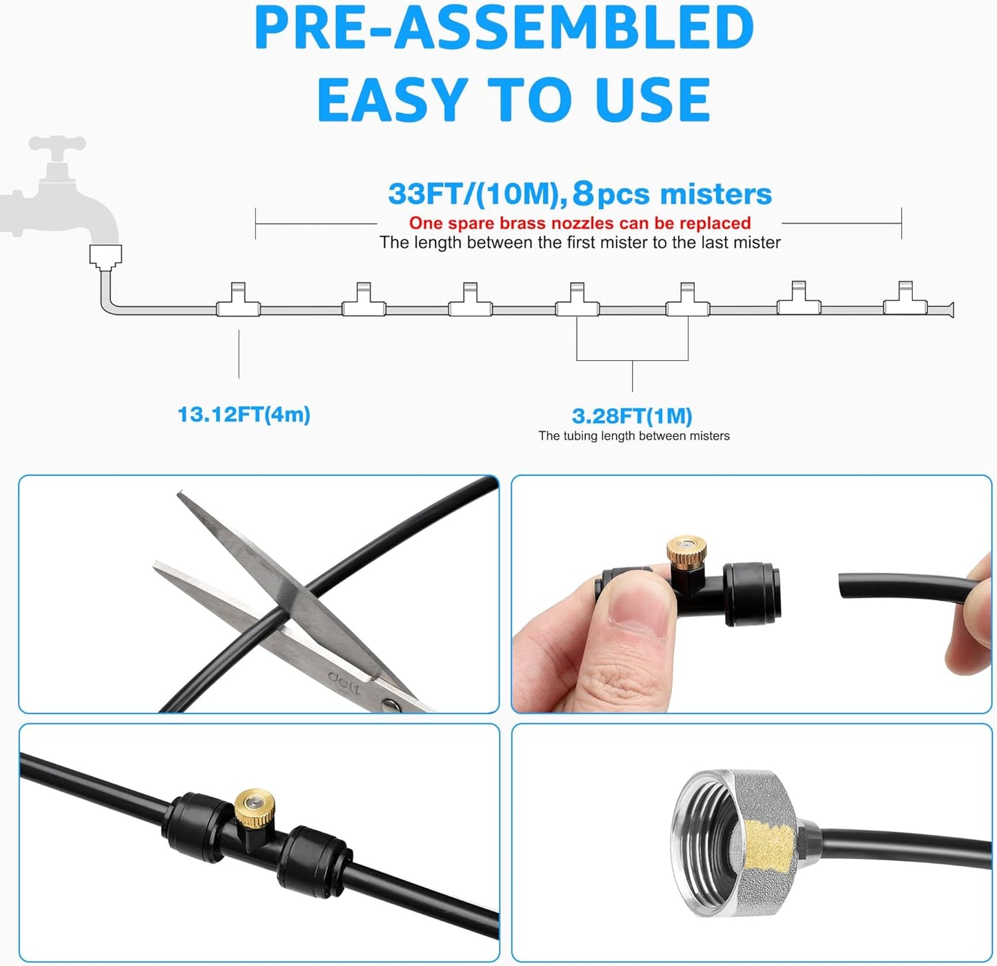 MIXC Misters for Outside Patio, 33FT (10M) Misting Line+8 Mist Nozzles+3/4" Brass Adapter, Outdoor Misting Cooling System for Patio Porch Umbrella BBQ Chicken Coop