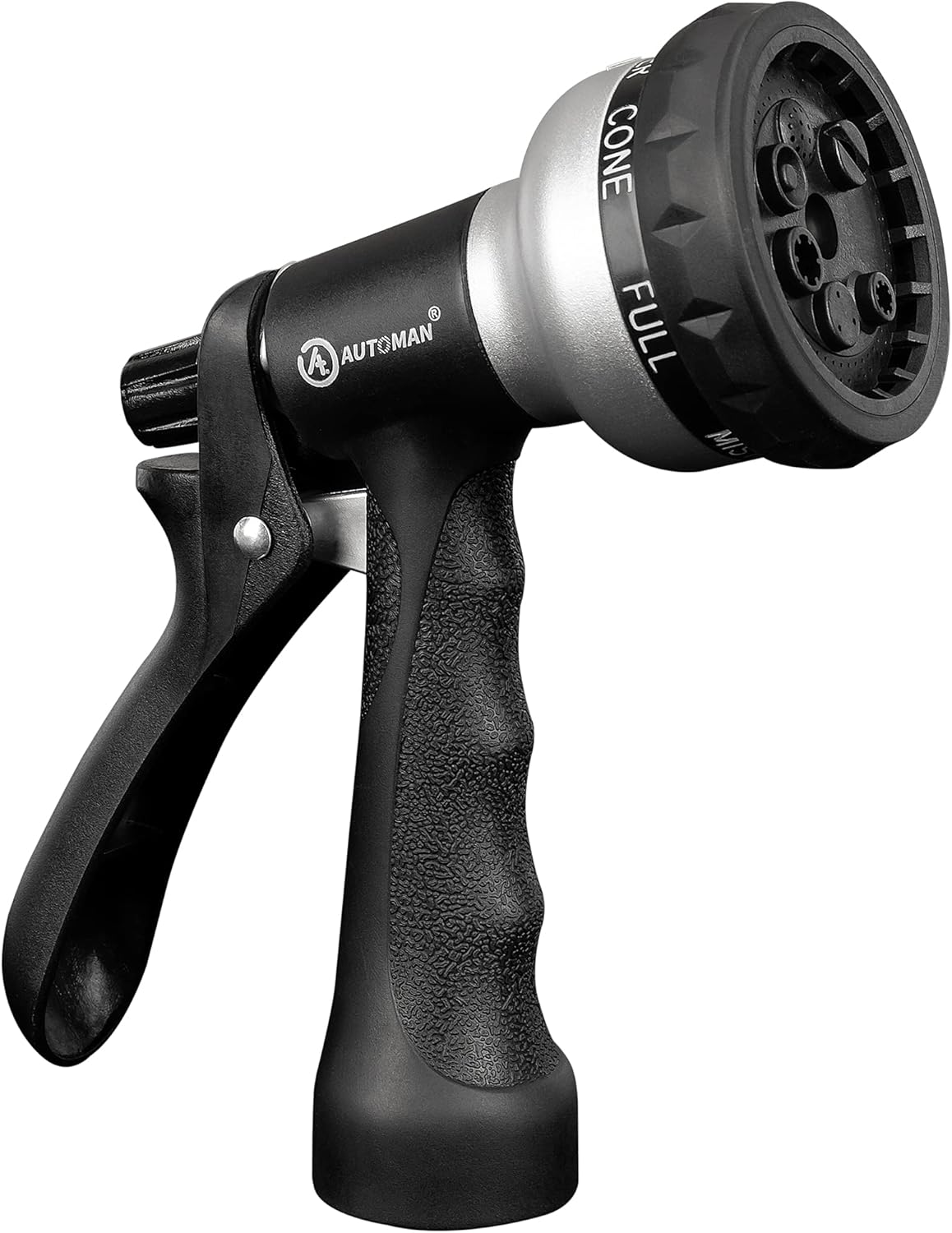 AUTOMAN-Garden-Hose-Nozzle, ABS Water Spray Nozzle, 7 Adjustable Watering Patterns, Slip Resistant for Watering Plants, Lawn& Garden, Washing Cars, Cleaning, Showering Pets & Outdoor Fun.Silver Color