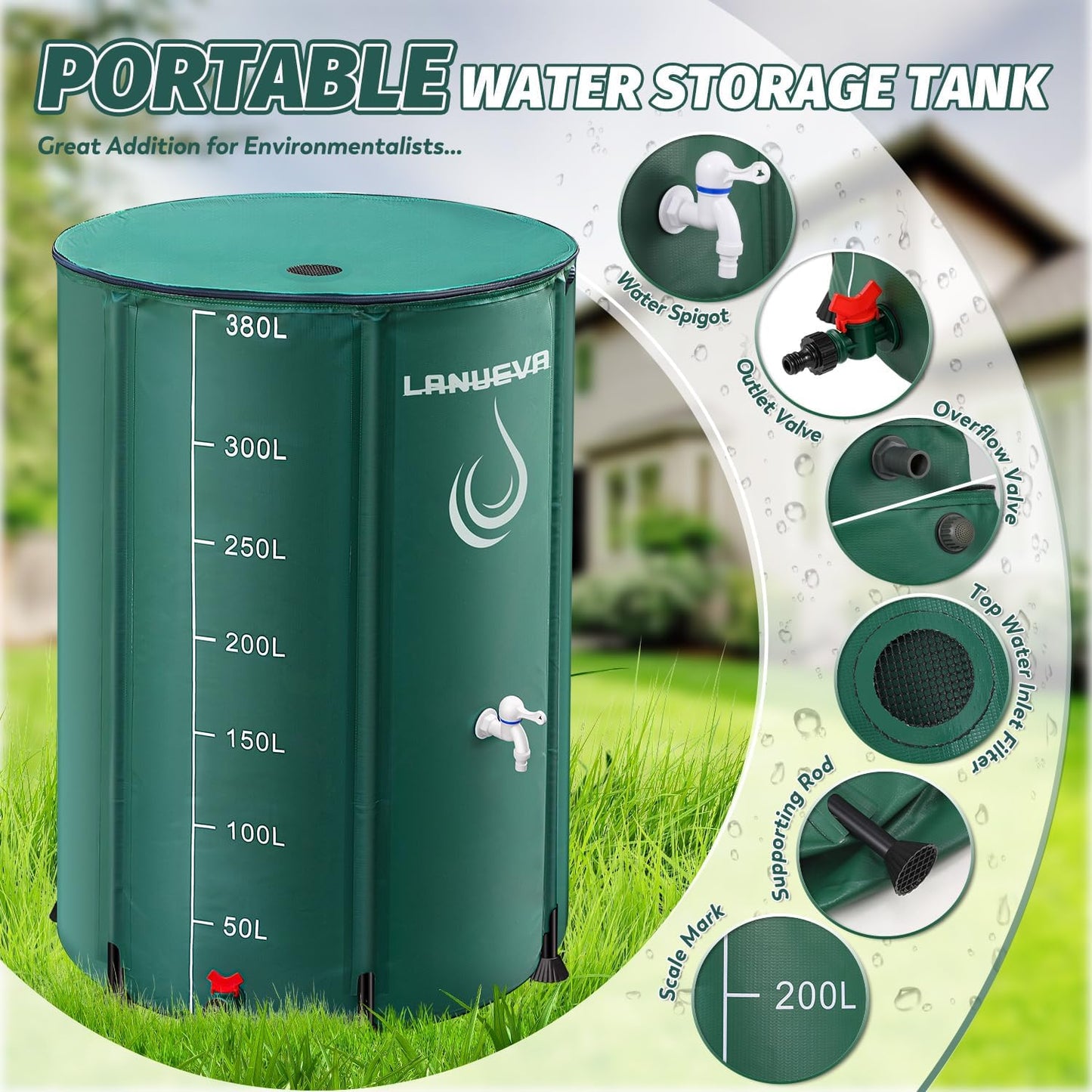 LANUEVA 100 Gallon Collapsible Rain Barrel, Rainwater Collection System with 2 Spigots, Overflow Kit and 2 Hoses, Portable Water Storage Tank with Scale Mark for Garden Plant Watering, Farm Irrigation