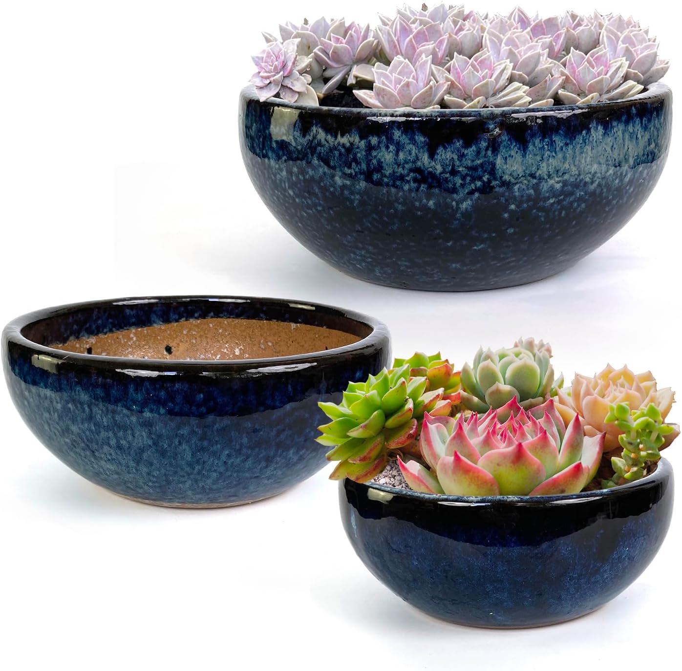 11 9 7 Inch Succulent Pot with Drainage and Mesh Pads Large Round Ceramic Plant Pot for Indoor Outdoor Plants Succulent Planter Cactus Bonsai Pot Container Set of 3 (Blue)