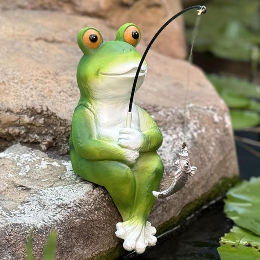 Frog Decoration for Yard Outdoor Garden Decor 9.7 Inch Tall Fishing Frog Statue for Koi Pond, Waterfalls or Poolside Ornaments, Fisher Animals Pond Decor, Gift for Mom & Women