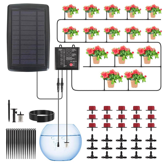 Solar Drip Irrigation System for Garden, Automatic Drip Irrigation Kits,Plants Self Watering Devices for Vacation,Solar/Battery Powered Water Pump for Potted Plants,Raised Beds,Greenhouse (15 Pots)
