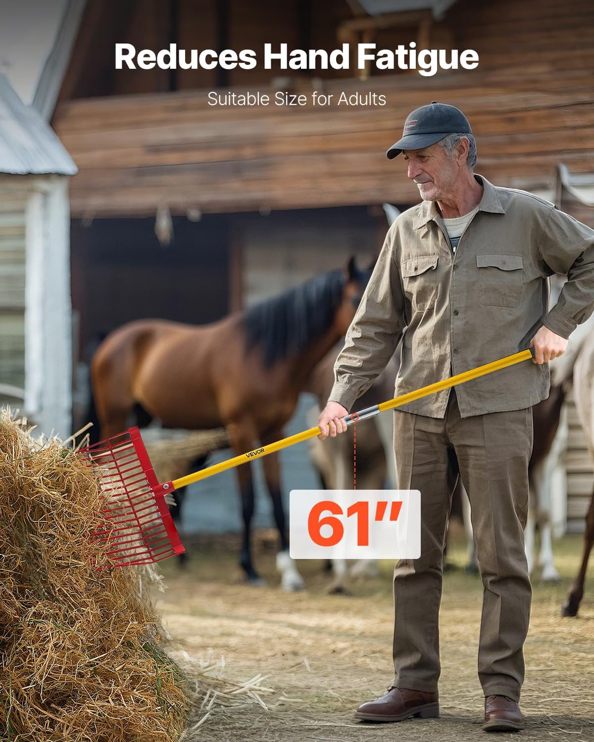 VEVOR Manure Fork, 18 Angled Tines, Horse Manure Rake with Long Fiberglass Handle, 61 in Durable Plastic Pitchfork Muck Rake Tool for Gardening Horse Stall Stable Grass Hay Cleaning Farm Work