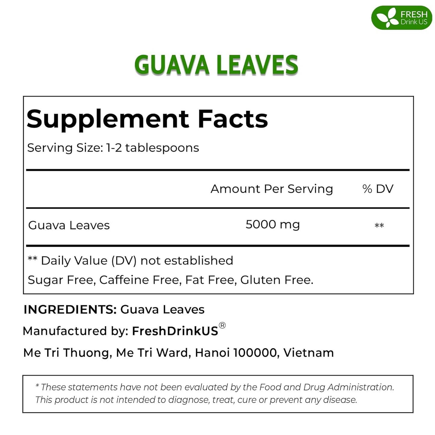 FreshDrinkUS, Premium 50+ Natural Guava Leaves, Whole Dried Leaves, 100% Pure, Natural Guava Loose Leaf Herbal Tea, Non GMO, No Additives, No Caffeine, Vegan