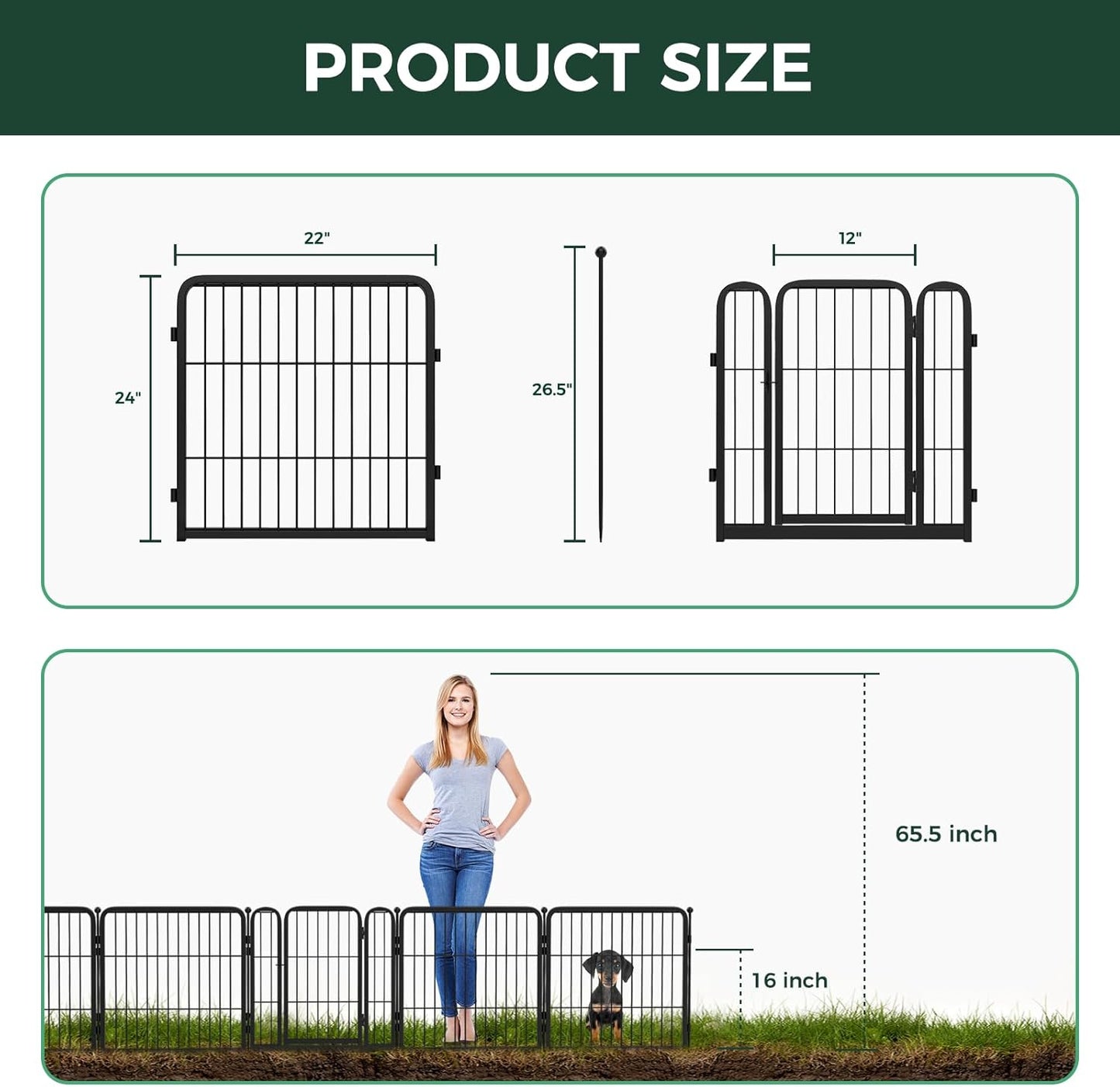 FXW Garden Fence Outdoor for The Yard – 24in(H) x 30.4ft(L) Heavy Duty Metal Animal Barrier for Dog and Rabbit, Decorative Dog Fence, 16 Panels, Black