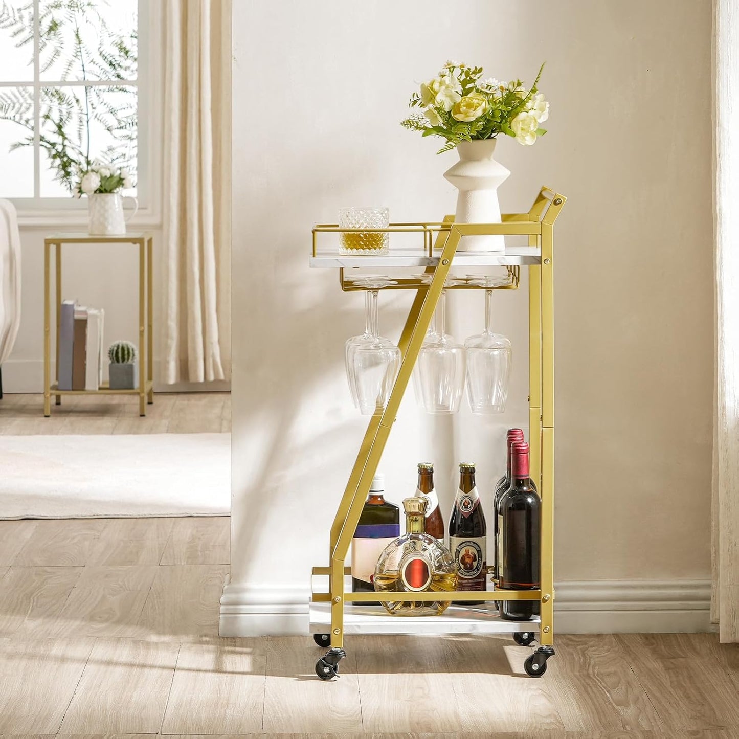 HOOBRO Bar Cart Gold, Home Bar Serving Cart, Kitchen Cart, Rolling Beverage Cart & Wine Rack and Glass Holder 2 Storage Shelves, Cocktail Cart for Home Dining Party, White and Gold DM27TC01