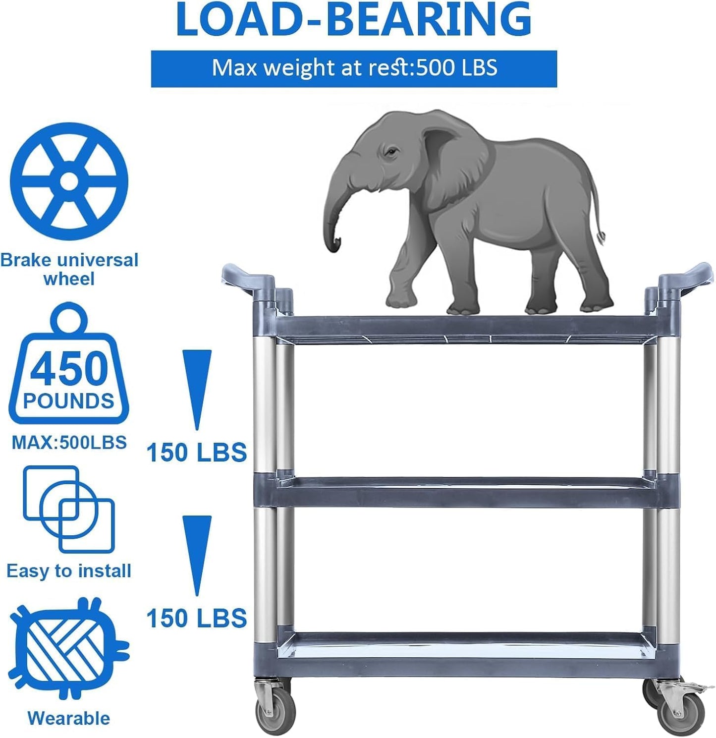 3-Tier Rolling Utility Cart with Wheels – Heavy Duty Plastic 3-Shelf Push Cart for Commercial, Restaurant, Foodservice, Office & Kitchen | Grey Service Cart