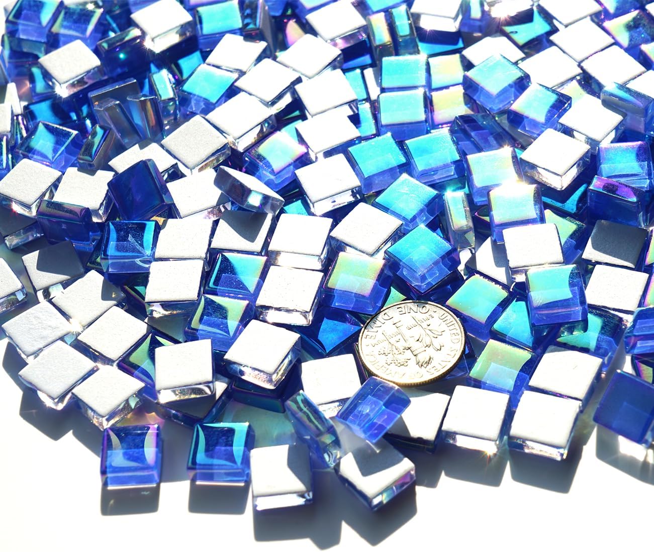 Iridescent Royal Blue Tiles for Mosaic Crafts, 300G Iridized Crystal Stained Glass Pieces for Mosaic, 1x1 cm Square Glass Tiles Great for Mosaic Art Supplies, Mosaic Tiles Home Decoration