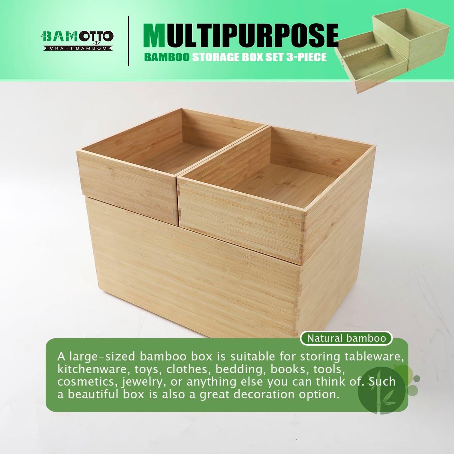 3-Piece Large Bamboo Storage Box Set, 7.1 in High Stackable Deep-Drawer Organizer for Kitchen Cutlery, Utensils & Knives, Exquisite and Durable Lidless Wooden Bin (14.6"x10.2x7.1"*1+10.2"x7.3"x3"*2)