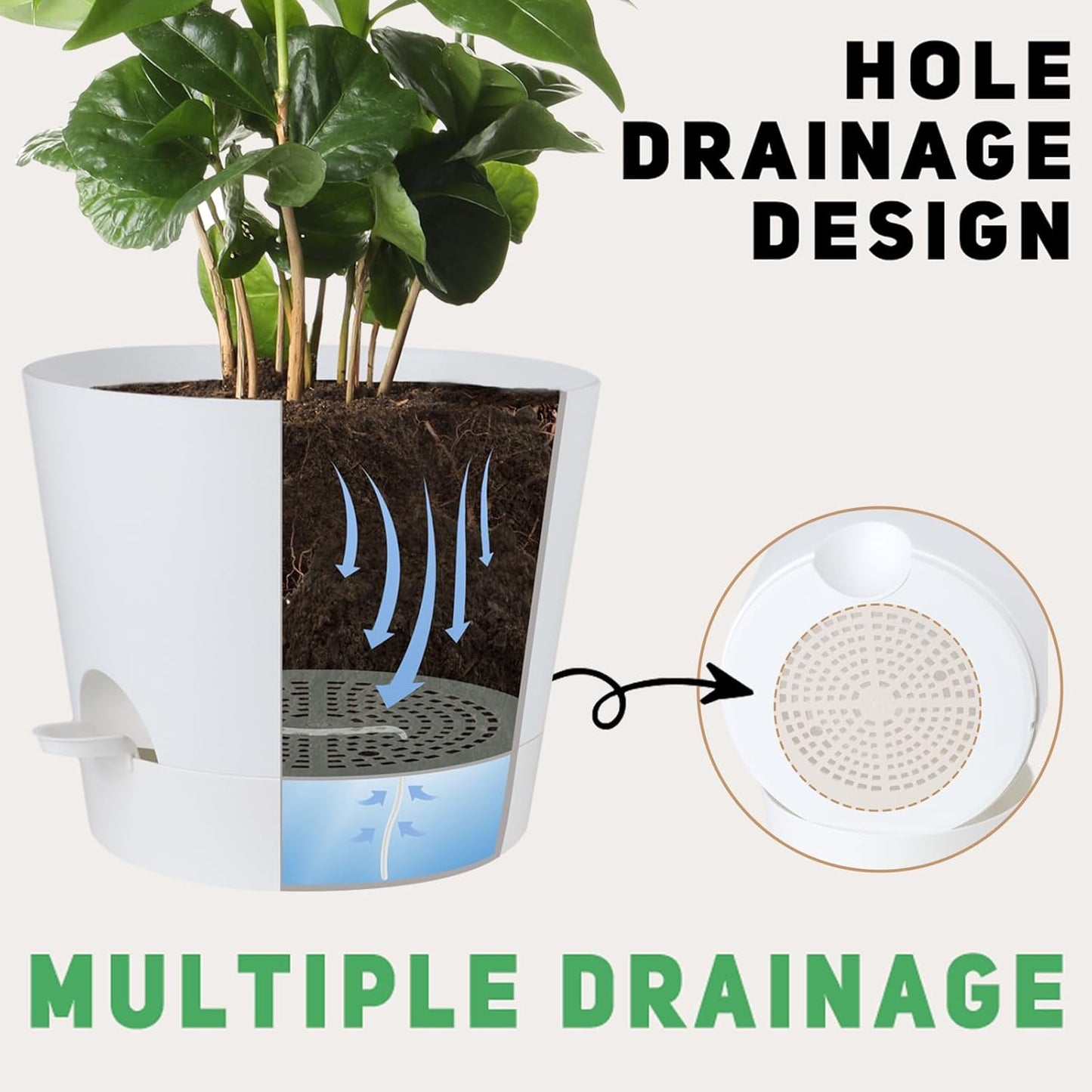 12 Inches Indoor Self Watering Planters with Drainage Holes and Saucers, 4 Pack (White)