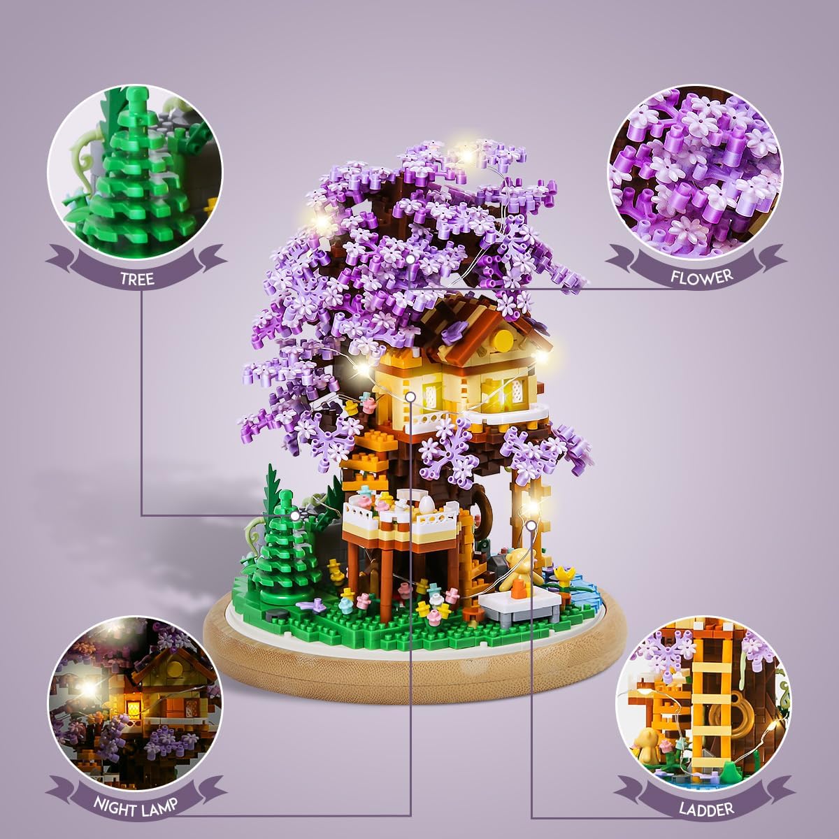 DIY Flower Building Toy Sets Miniature Cherry Blossom Tree House Building Kit, Purple & Yellow Sakura Flowers, Building Blocks Set for Adults & Girls - Bonsai Tree Model with Dust Cover