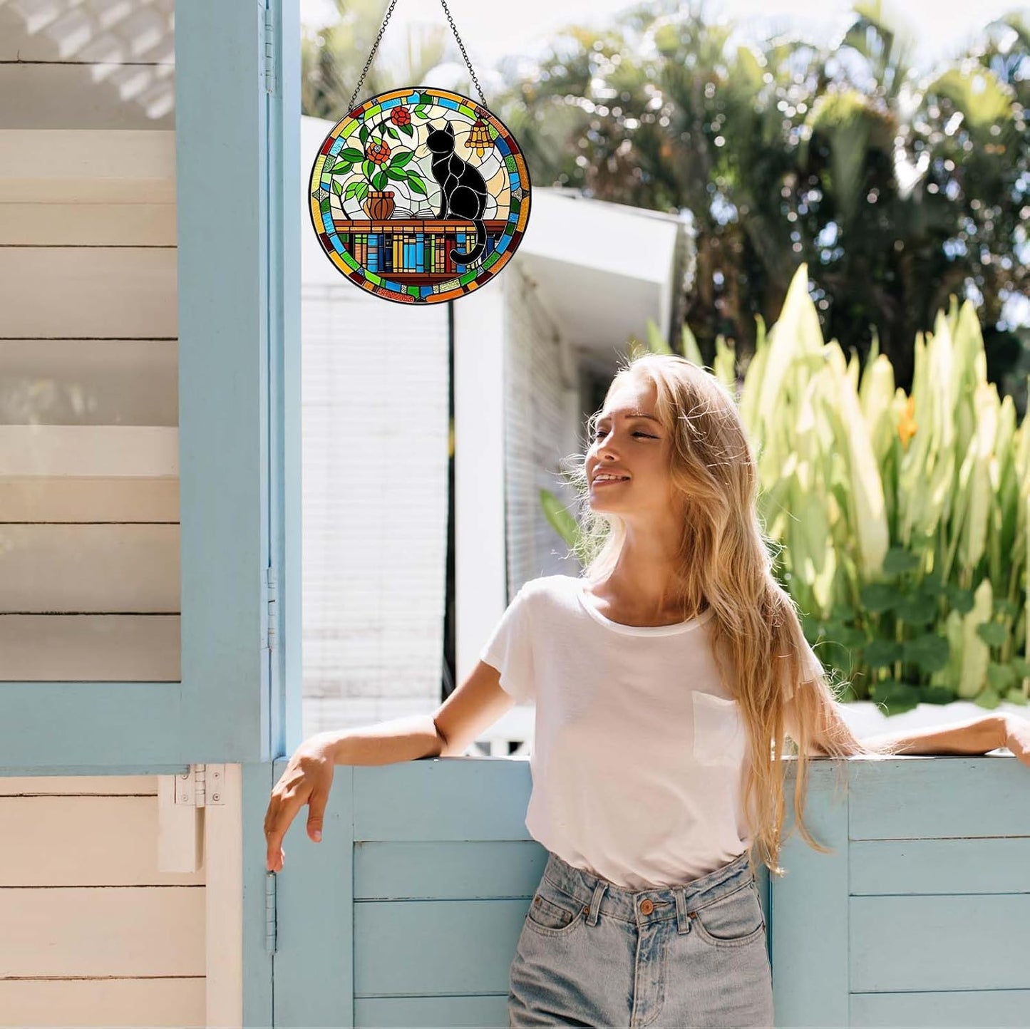 Cat Sun Catcher Stained Glass Window Hanging Book Lover Gifts for Women Book Wall Decor Handmade Sun Catcher Black Cat Sitting On Bookshelf Decoration for Home Room Housewarming Gifts