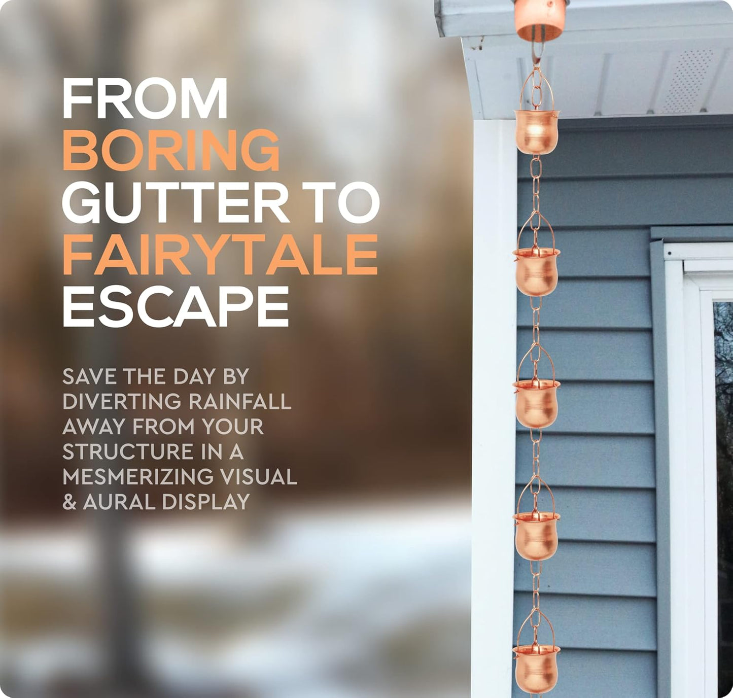 Copper Rain Chain – Decorative Chimes & Cups Replace Gutter Downspout & Divert Water Away from Home for Stunning Fountain Display – 6.5’ Long for Universal Fit – Pot Style