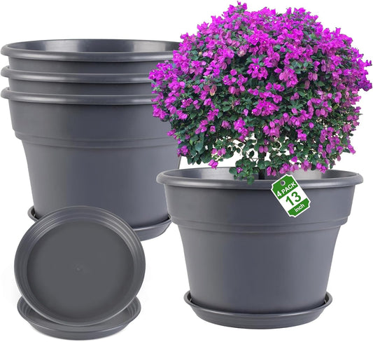 13-inch-Plant-Pots, 4 Pack Large Planters for Outdoor Plants, Plastic Flower Pots Indoor with Drainage Holes & Trays, Classic Garden Pot Container for House