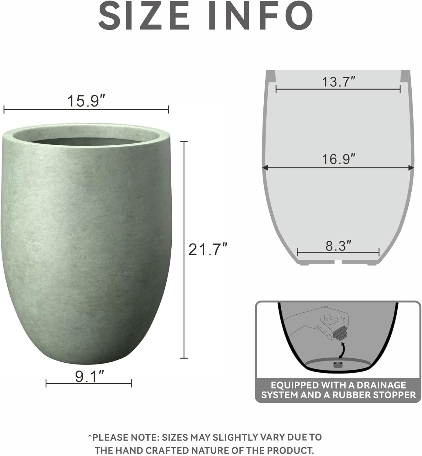 Kante 21.7" H Mint Green Tall Planter, Large Outdoor Indoor Decorative Pot with Drainage Hole and Rubber Plug, Modern Round Style for Home and Garden