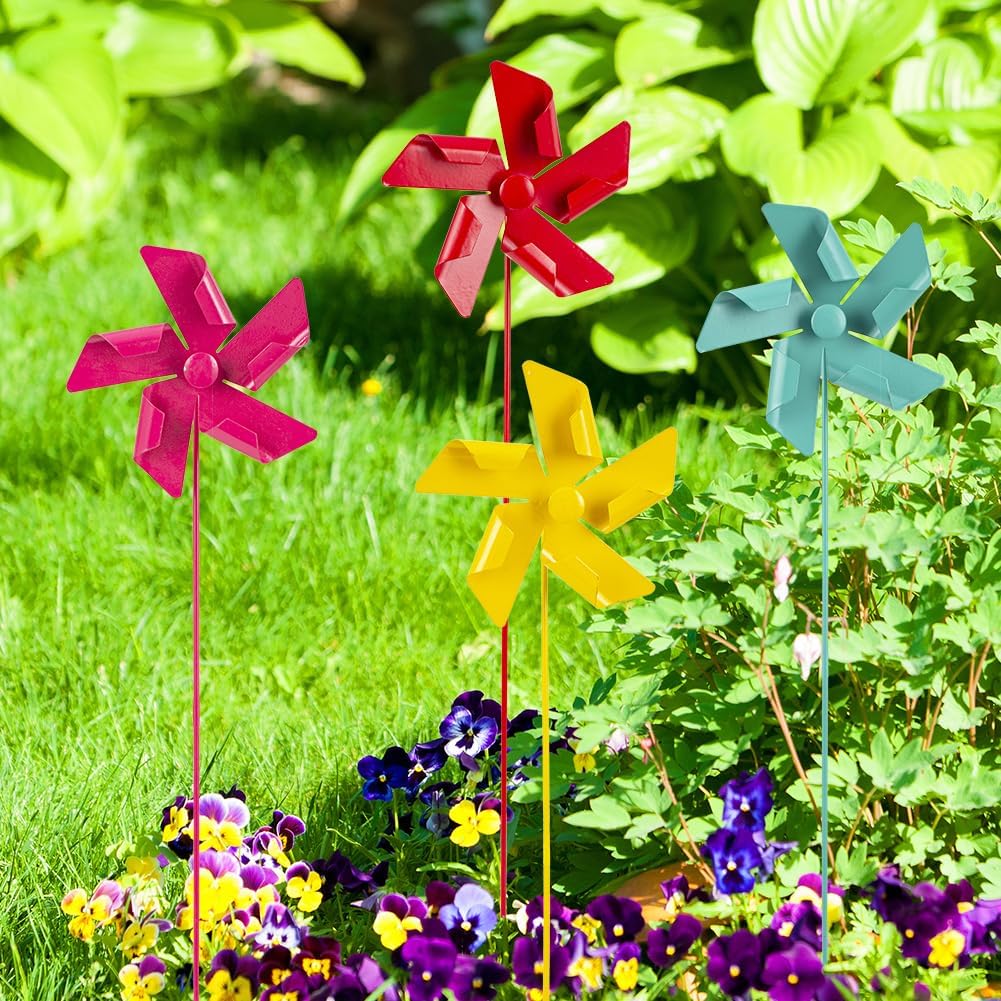 DREAMYSOUL 4 Packs Classic Outdoor Wind Spinners, Small Pinwheel Decorative Garden Stakes, Metal Wind Spinner for Yard and Garden Decor