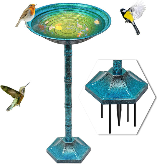 Metal Bird Bath for Outside, Freestanding Garden Metal Birdbaths with Stable Upgrades Stake, Easy to Clean Birdfeeder for Outdoors Garden Yard Lawn Decor(Blue)