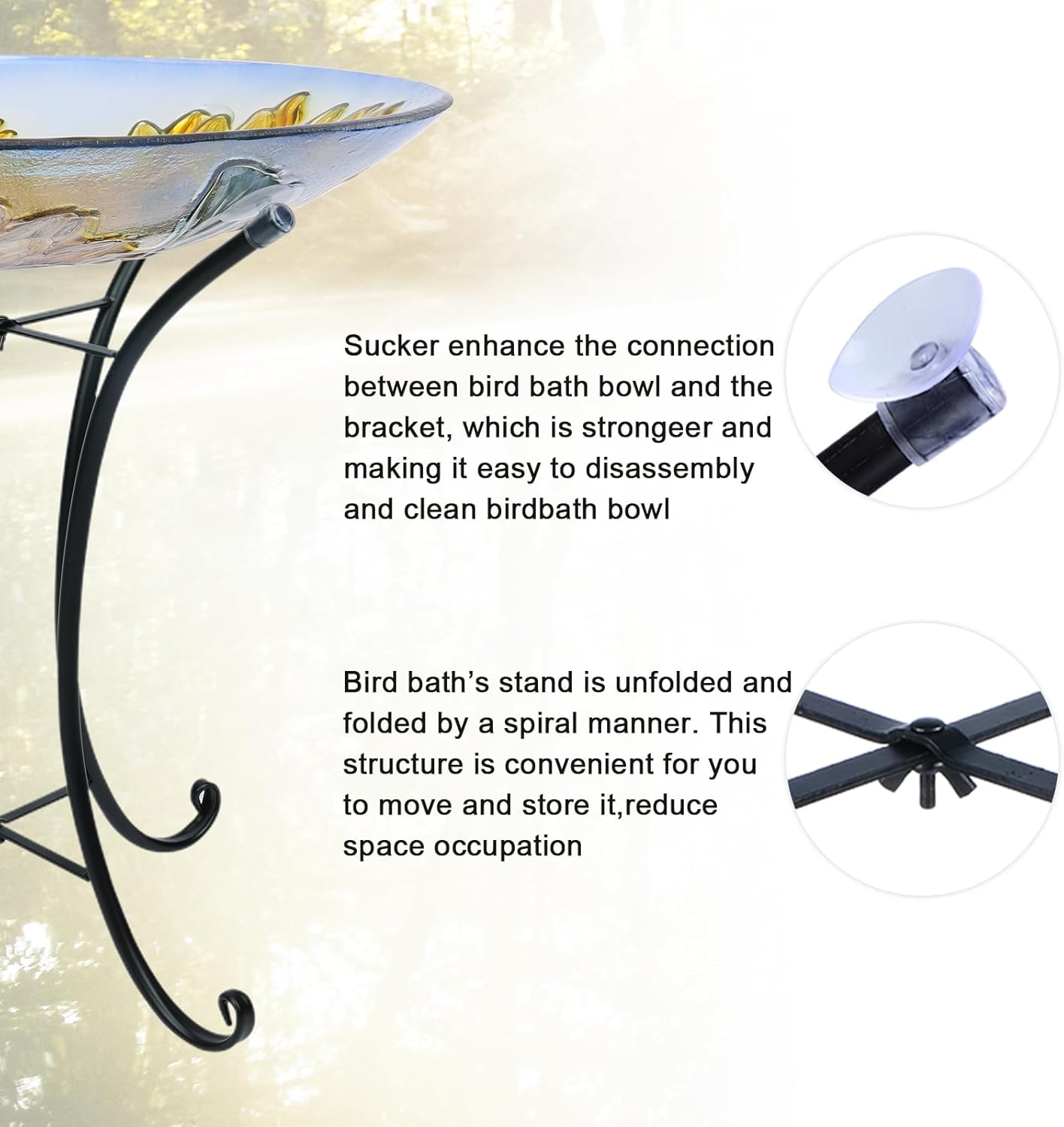 MUMTOP Outdoor Glass Birdbath with Metal Stand for Outside Lawn Yard Garden Sunflower Decor,18” Dia/21.65 Height