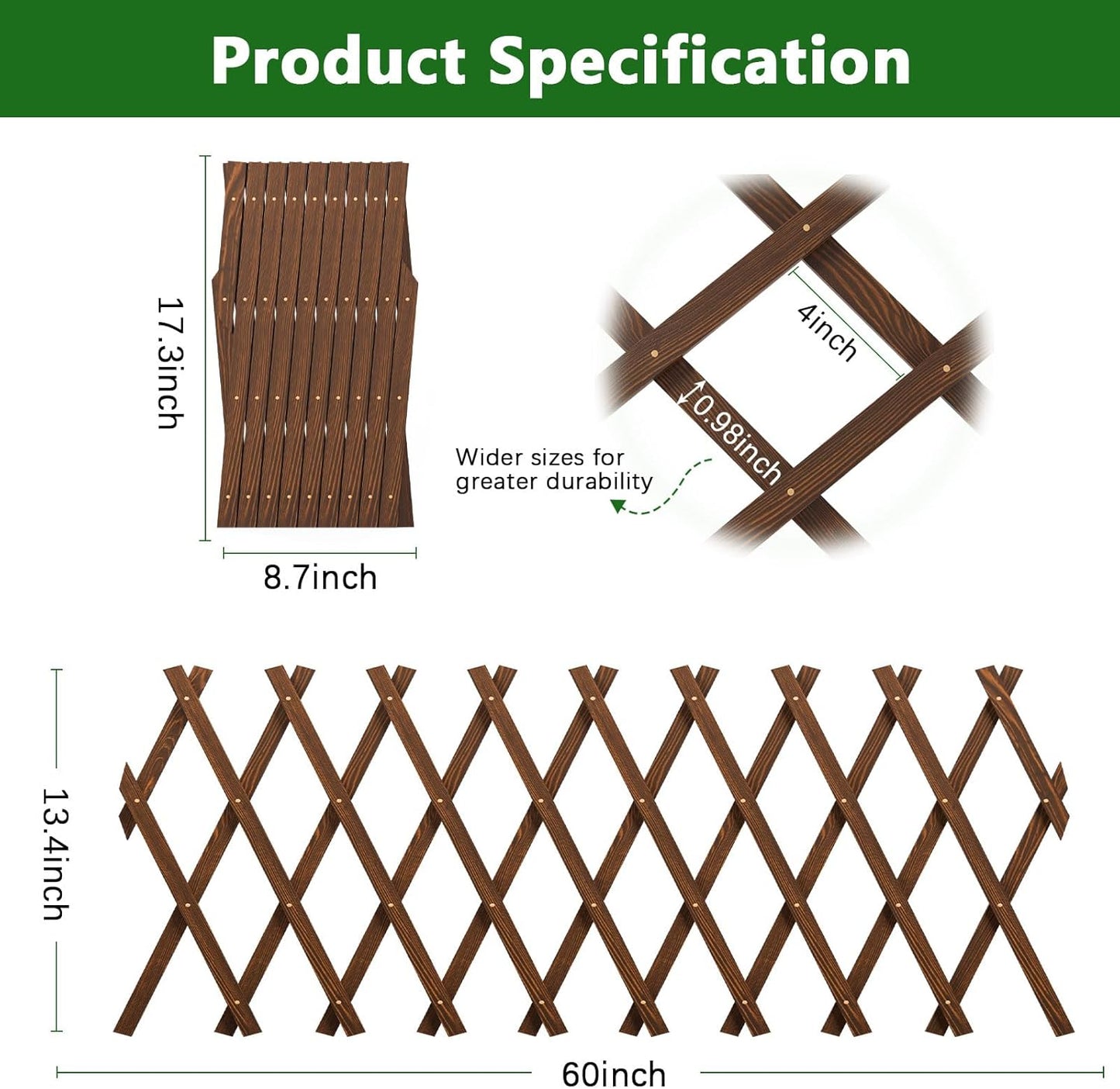 2 PCS Expandable Garden Trellis, 13.4" x 60" Trellis for Climbing Plants Outdoor, Wooden Lattice Fence Wall Panel Lattice Panels for Outside, for Climbing Plants Vine Ivy Rose Cucumbers Clematis