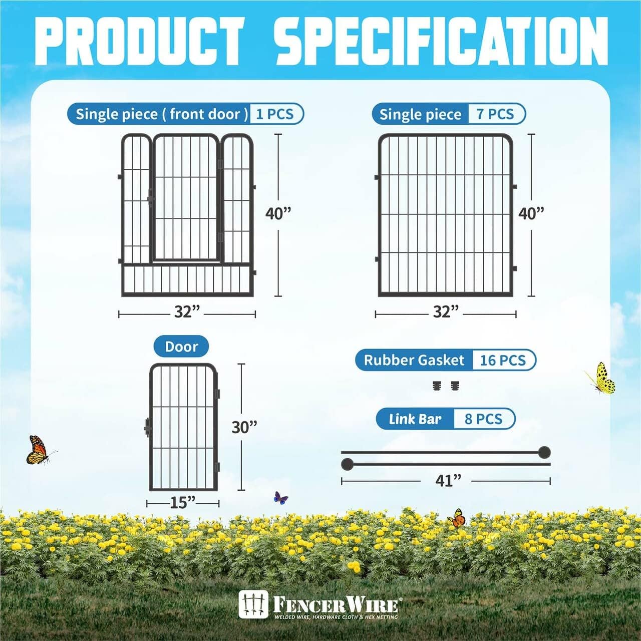 Fencer Wire Decorative Wire Fence, Panel Decor, Heavy Duty Iron Landscape Patio Flower Bed Animal Barrier Border Edging Section, Foldable Garden Fence for Yard for Dog Outdoor, 40 Inch x 21 FT