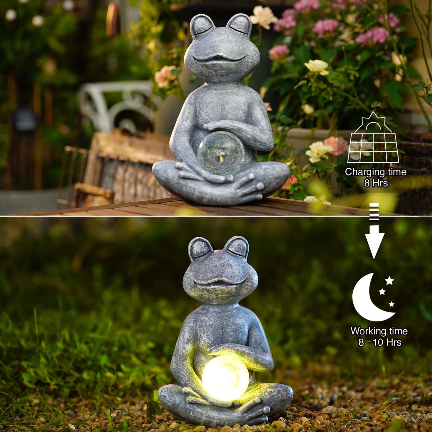 Goodeco Frog Statue with Solar Gazing Ball Lights - Zen Garden Statue for Outdoor Decor, Frog Gifts for Women & Moms, Housewarming Gifts