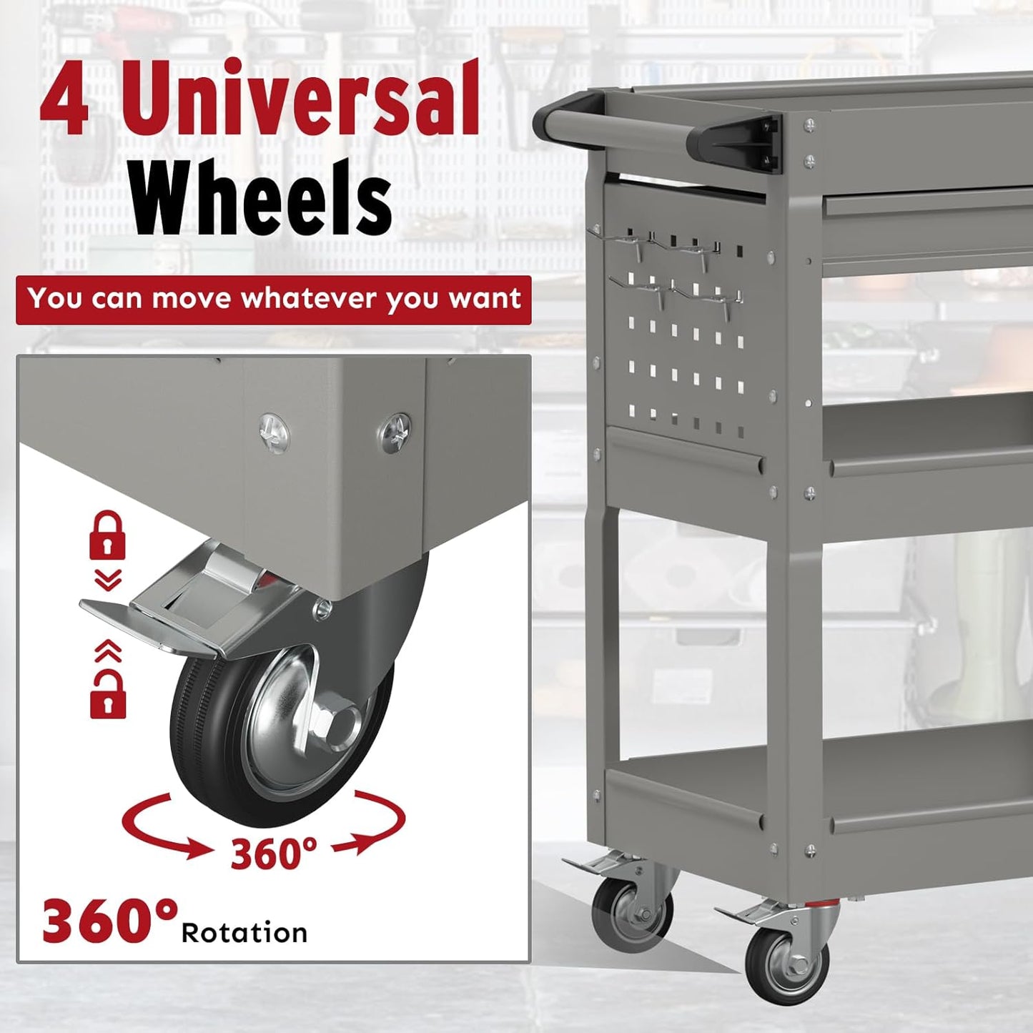 3 Tier Rolling Cart, Heavy Duty Utility Industrial Service Carts on Wheels, Metal Tool Cart with Locked Drawers, Ideal for Garage, Warehouse and Repair Shop（Grey）