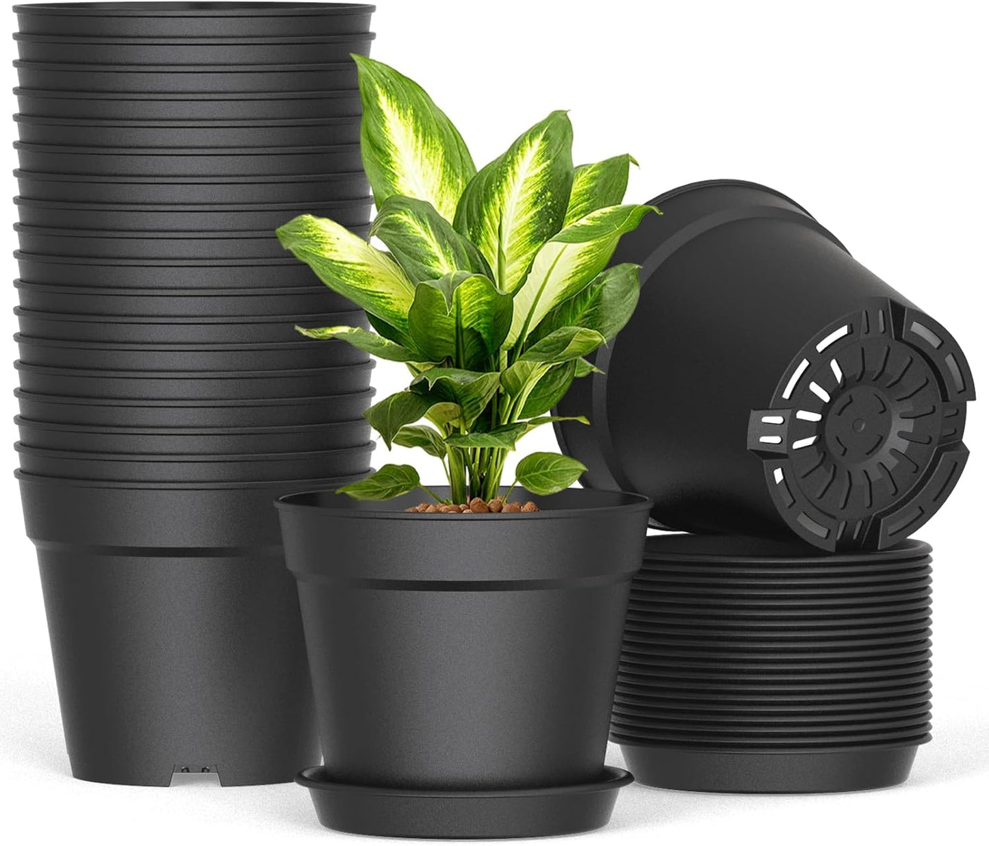 20 Pack 6 Inch Plant Pots with Drainage and Saucers, Black Plastic Flower Pots for Indoor and Outdoor Plants, Stackable Nursery Planters for Houseplants and Herbs, Black