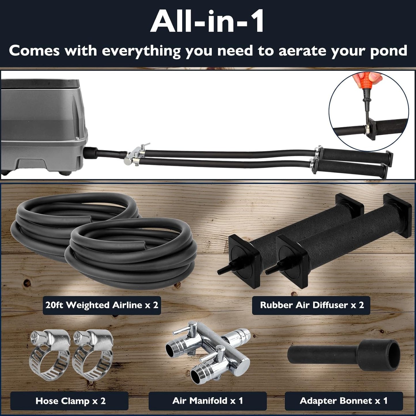 AquaMiracle Koi Pond Aerator Pond Air Pump for Outdoor Ponds 5000-10000 Gallons, All-in-One Aeration Kit with Self-Sinking Airline Flow Control Rubber Air Diffuser