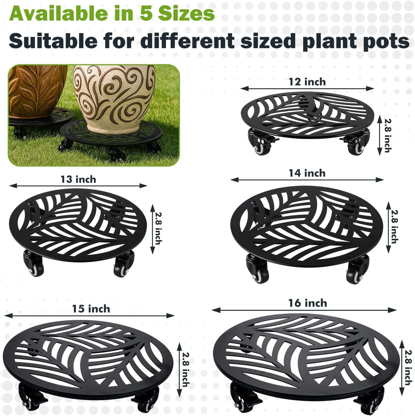 2 Packs Large Metal Plant Caddy with Wheels 14” Heavy-Duty Wrought Iron Rolling Plant Stands with Casters Indoor and Outdoor Plant Pot Roller Base Plant Saucer Movers Black