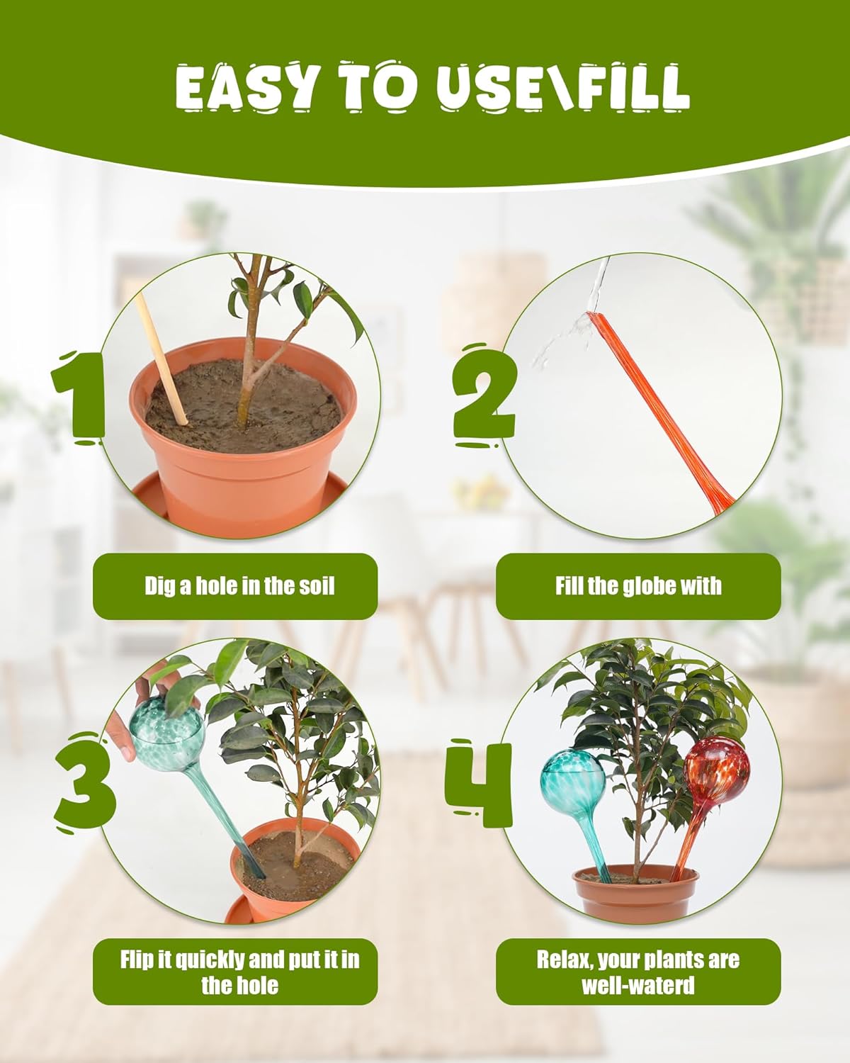 Iridescent Self Watering Globes, Glass Rainbow Plant Watering Globes, Self Watering Planter Insert, Automatic Plant Waterer Indoor (Large-4 Pcs Multi-Color, Large)