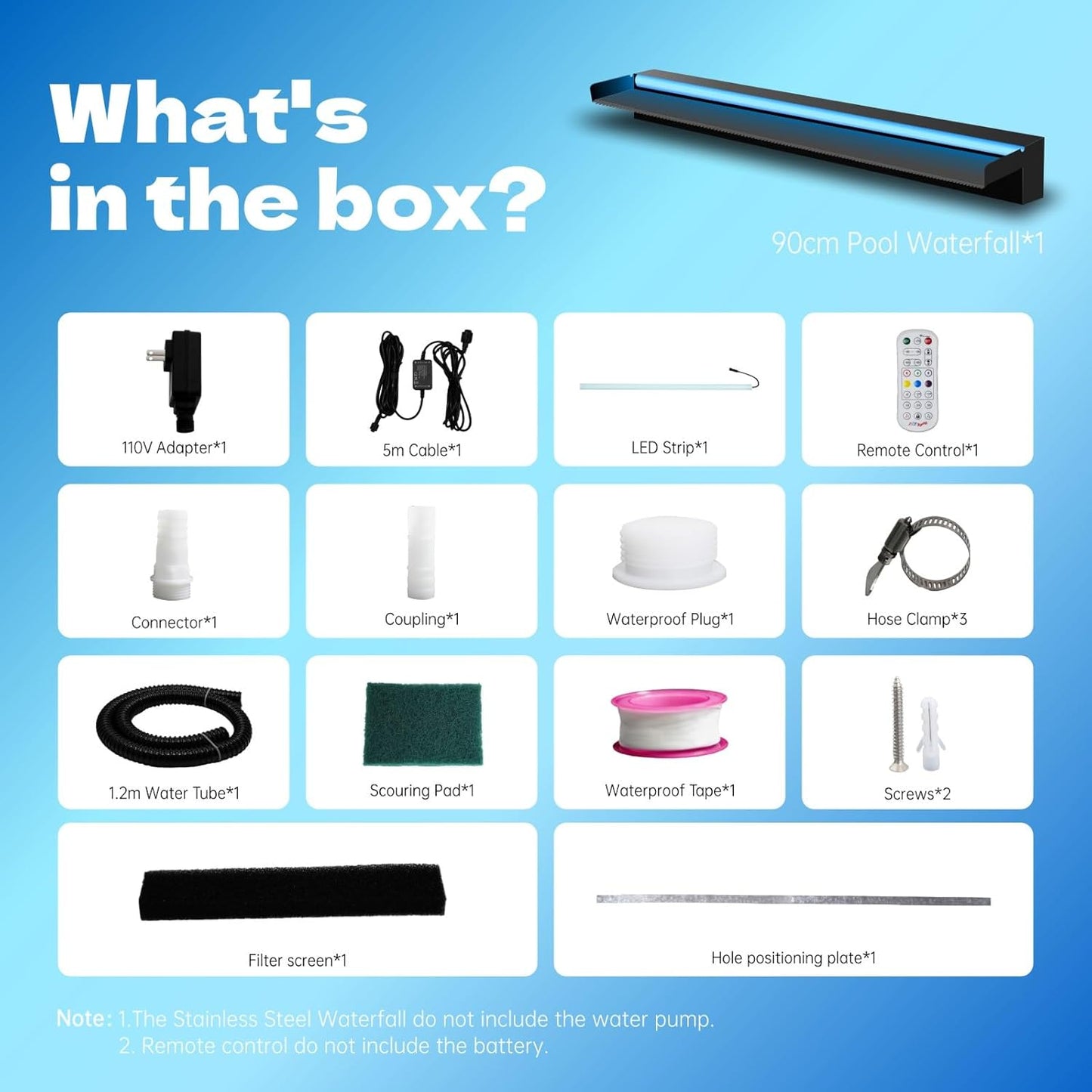 Pool Waterfall Spillway Stainless Steel Pond Fountain, APP Control Colorful LED Lighted Outdoor Black Fountains, Water Flow Spillways Kit for Koi Pond, Swimming Pool, Garden-35.4"x7.8"x3.9"