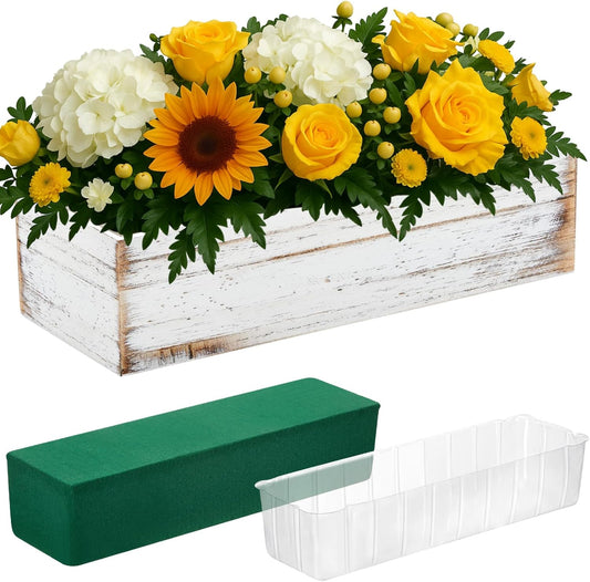 Dandat 1 Set Wood Boxes for Centerpieces 12x4 Inch Rectangle Wooden Planter Box Rustic Wooden Planters with Removable Plastic Liner Floral Foam Blocks for Home Wedding Garden Decor